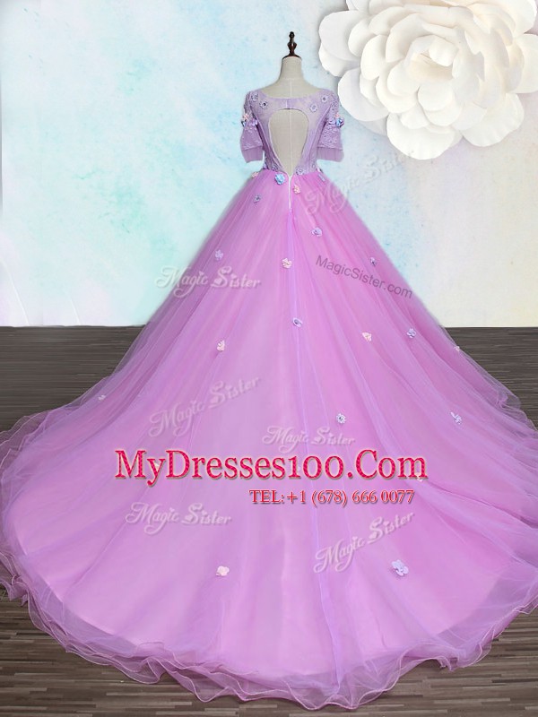 Vintage Scoop Lilac Half Sleeves Court Train Beading and Appliques With Train Military Ball Gown