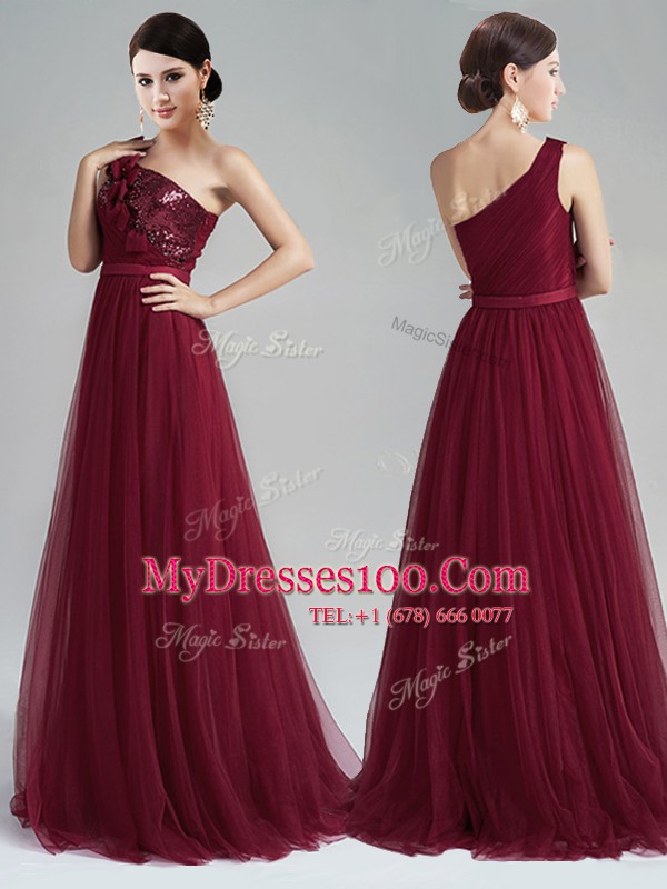 Tulle One Shoulder Sleeveless Brush Train Zipper Appliques and Sequins and Belt Prom Party Dress in Burgundy