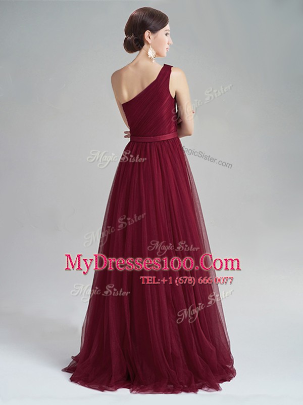 Tulle One Shoulder Sleeveless Brush Train Zipper Appliques and Sequins and Belt Prom Party Dress in Burgundy