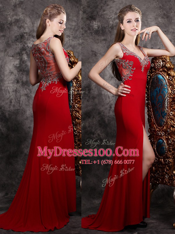 Appliques Evening Dress Red Zipper Sleeveless With Brush Train