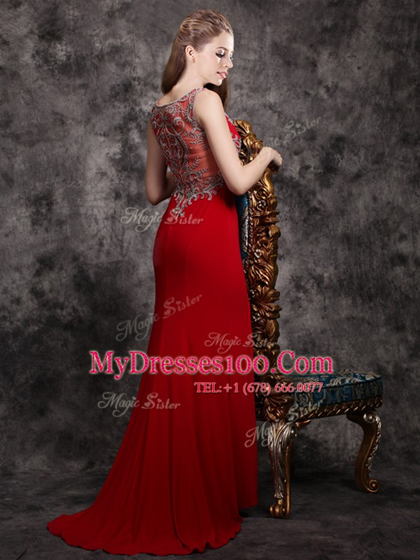 Appliques Evening Dress Red Zipper Sleeveless With Brush Train