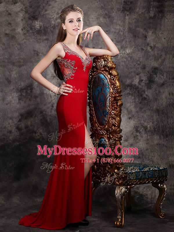 Appliques Evening Dress Red Zipper Sleeveless With Brush Train