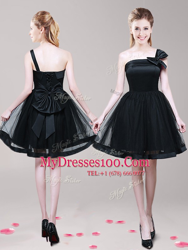 Cheap A-line Cocktail Dresses Black One Shoulder Tulle Sleeveless Mini Length Zipper