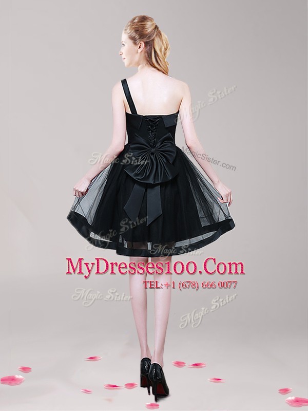 Cheap A-line Cocktail Dresses Black One Shoulder Tulle Sleeveless Mini Length Zipper