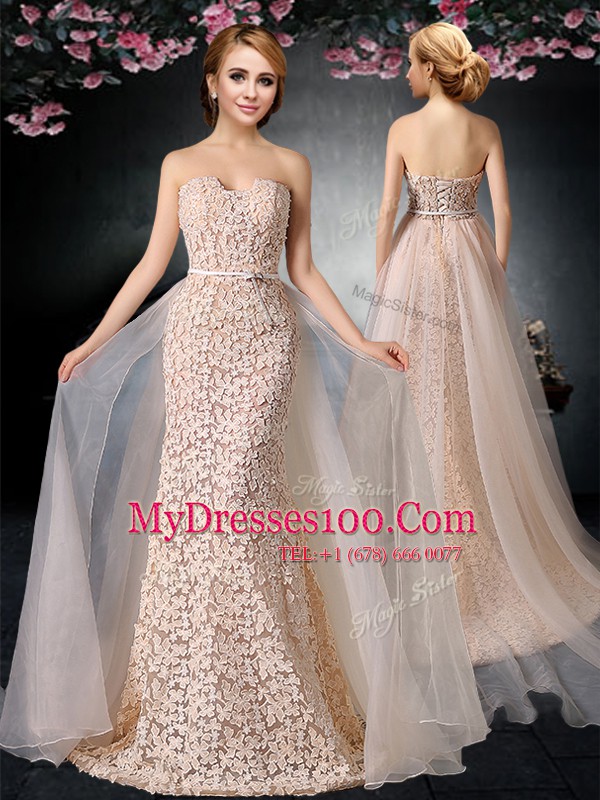 Peach Column/Sheath Strapless Sleeveless Organza and Lace With Brush Train Lace Up Lace and Belt Prom Dress