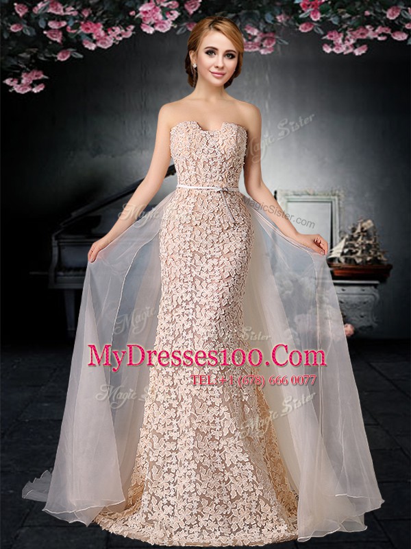 Peach Column/Sheath Strapless Sleeveless Organza and Lace With Brush Train Lace Up Lace and Belt Prom Dress