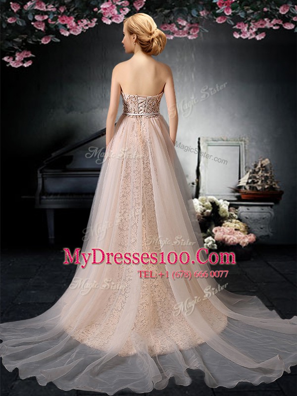 Peach Column/Sheath Strapless Sleeveless Organza and Lace With Brush Train Lace Up Lace and Belt Prom Dress