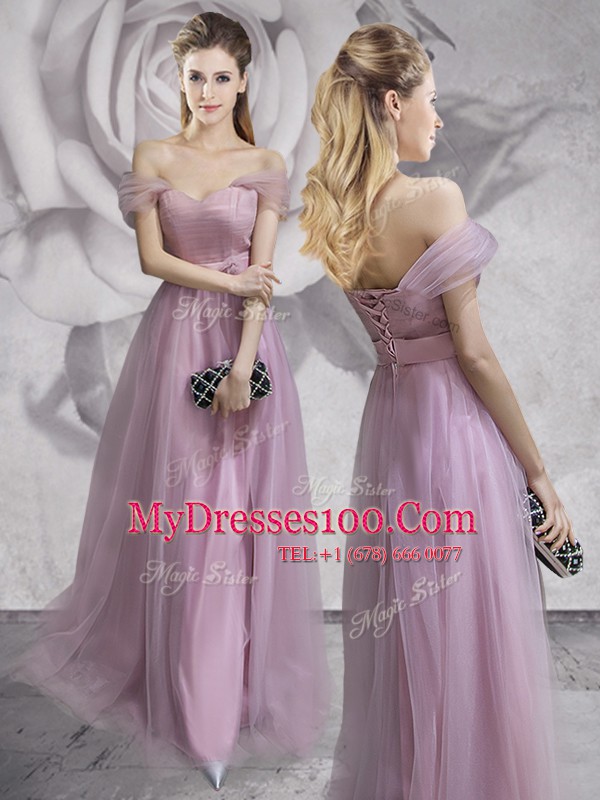 Colorful Scoop Lilac Half Sleeves Tulle Lace Up Prom Dress for Prom and Party