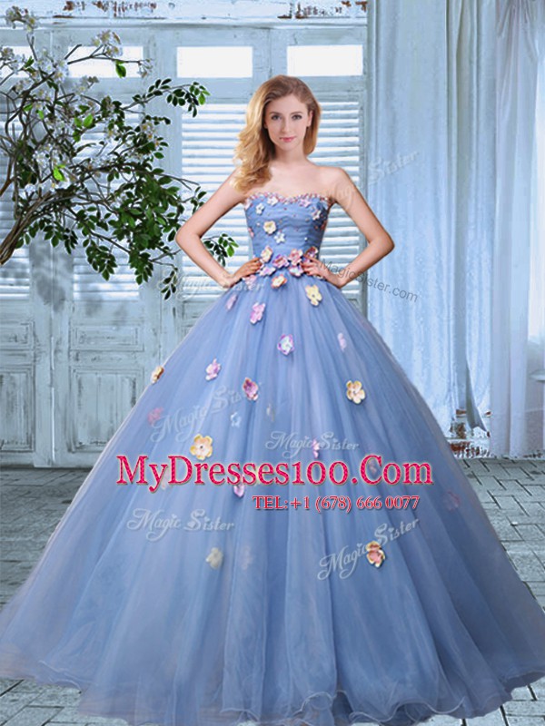 Floor Length Lavender Quince Ball Gowns Organza Sleeveless Appliques
