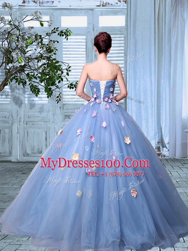 Floor Length Lavender Quince Ball Gowns Organza Sleeveless Appliques