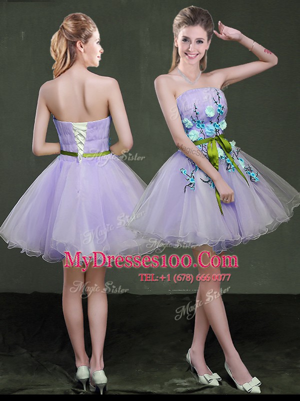 Custom Fit Lavender Strapless Lace Up Appliques and Belt Party Dresses Sleeveless