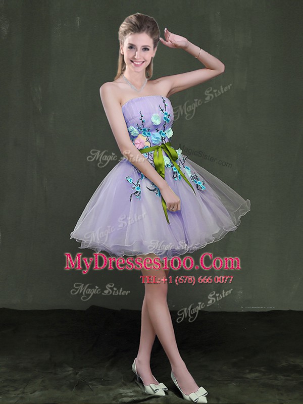 Custom Fit Lavender Strapless Lace Up Appliques and Belt Party Dresses Sleeveless