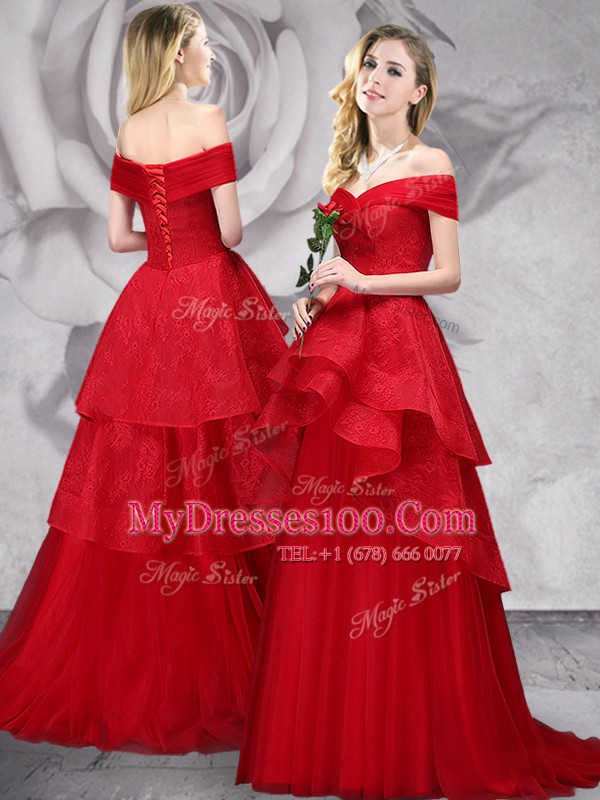 Hot Selling Off the Shoulder Sleeveless Tulle With Brush Train Lace Up Prom Dress in Red with Lace