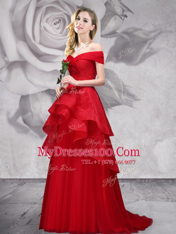 Hot Selling Off the Shoulder Sleeveless Tulle With Brush Train Lace Up Prom Dress in Red with Lace