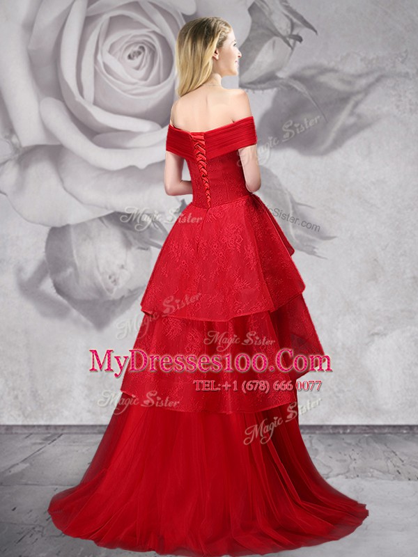 Hot Selling Off the Shoulder Sleeveless Tulle With Brush Train Lace Up Prom Dress in Red with Lace