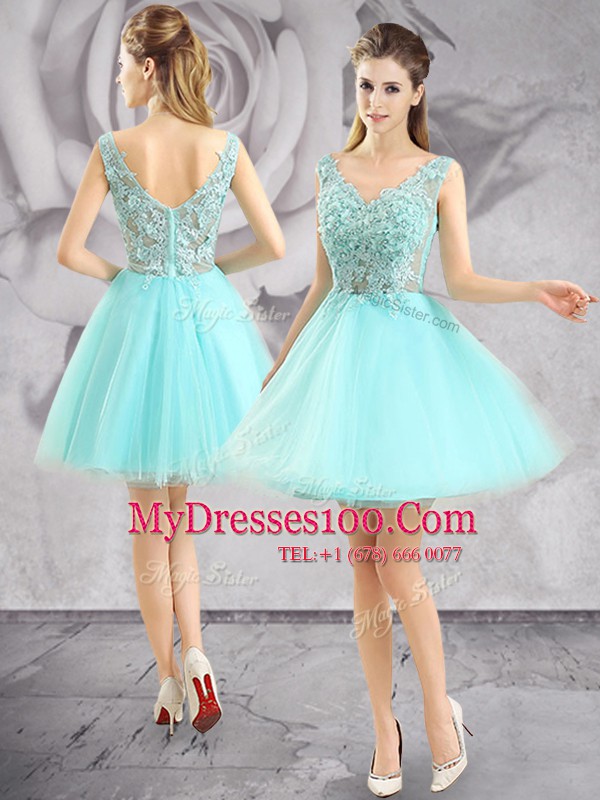 Free and Easy Mini Length Aqua Blue Prom Dresses V-neck Sleeveless Zipper