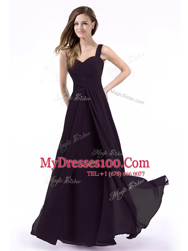 Straps Purple Chiffon Zipper Dress for Prom Sleeveless Floor Length Ruching