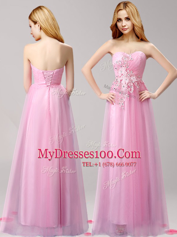 Beading and Appliques Rose Pink Lace Up Sleeveless Floor Length