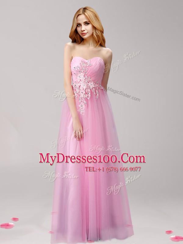 Beading and Appliques Rose Pink Lace Up Sleeveless Floor Length