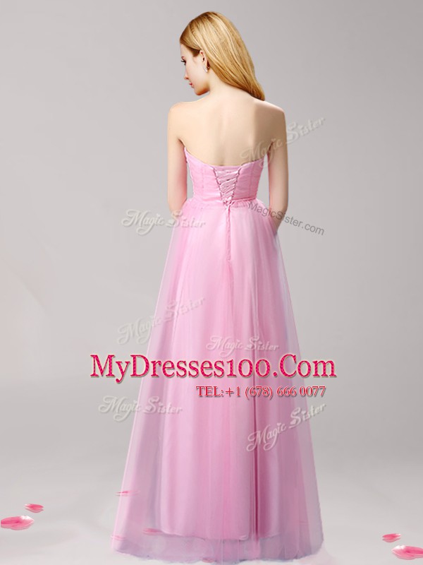 Beading and Appliques Rose Pink Lace Up Sleeveless Floor Length