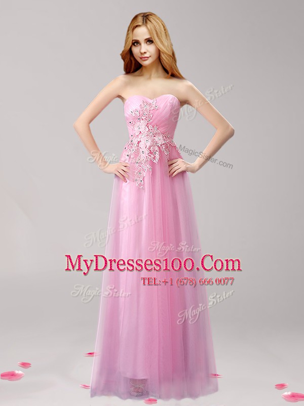Beading and Appliques Rose Pink Lace Up Sleeveless Floor Length