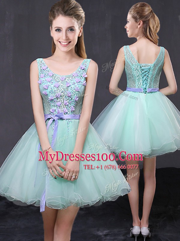 Scoop Apple Green Sleeveless Mini Length Lace and Hand Made Flower Lace Up Cocktail Dresses