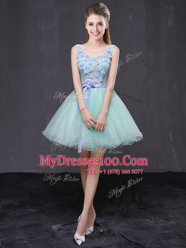 Scoop Apple Green Sleeveless Mini Length Lace and Hand Made Flower Lace Up Cocktail Dresses