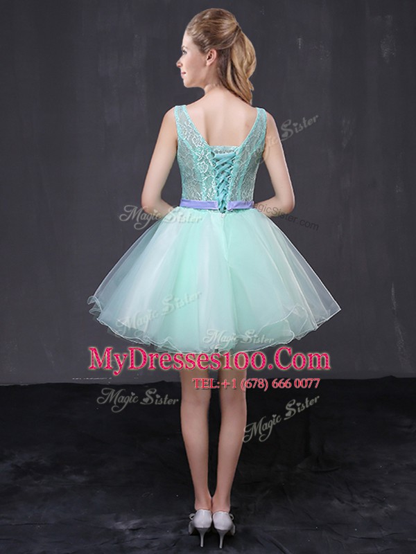 Scoop Apple Green Sleeveless Mini Length Lace and Hand Made Flower Lace Up Cocktail Dresses