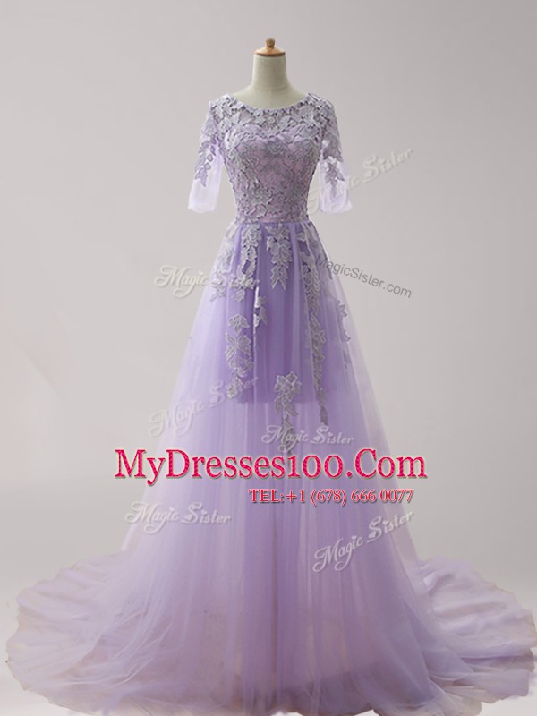 Scoop Appliques Homecoming Dress Lavender Zipper Half Sleeves With Brush Train