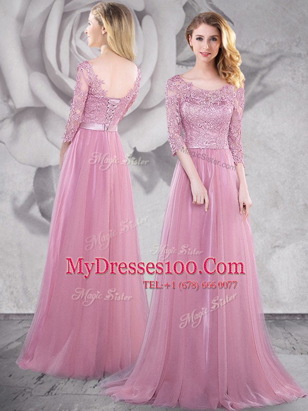 Scoop Pink Tulle Lace Up Evening Dress Half Sleeves With Brush Train Lace and Ruching