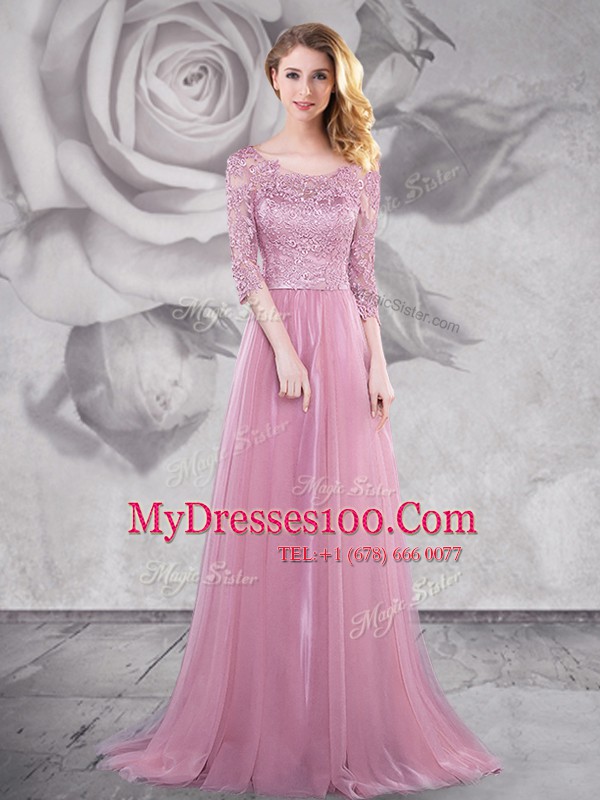 Scoop Pink Tulle Lace Up Evening Dress Half Sleeves With Brush Train Lace and Ruching
