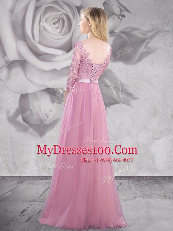 Scoop Pink Tulle Lace Up Evening Dress Half Sleeves With Brush Train Lace and Ruching