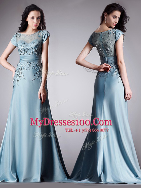 Wonderful Scoop Light Blue Zipper Evening Dress Appliques Cap Sleeves Floor Length