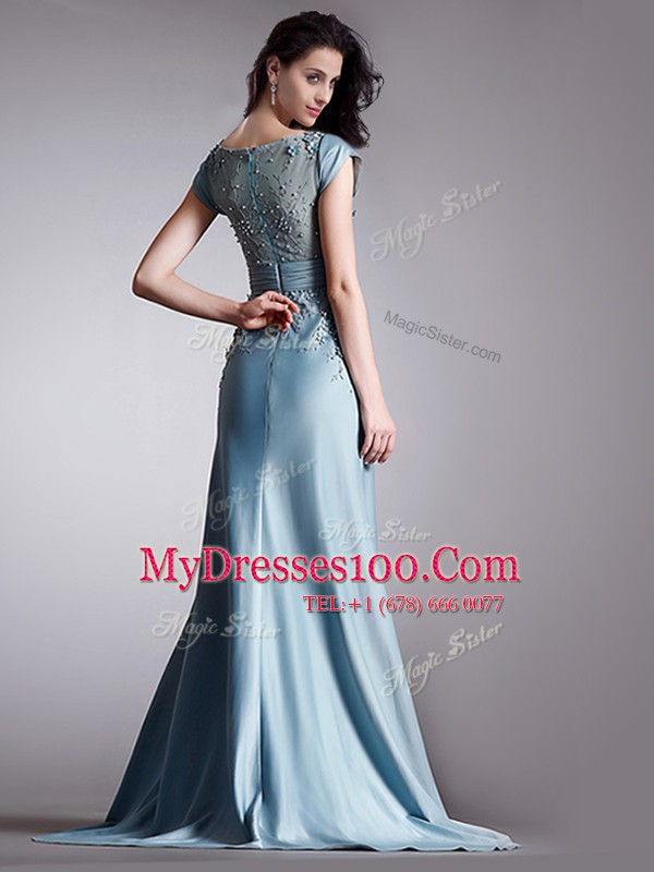 Wonderful Scoop Light Blue Zipper Evening Dress Appliques Cap Sleeves Floor Length
