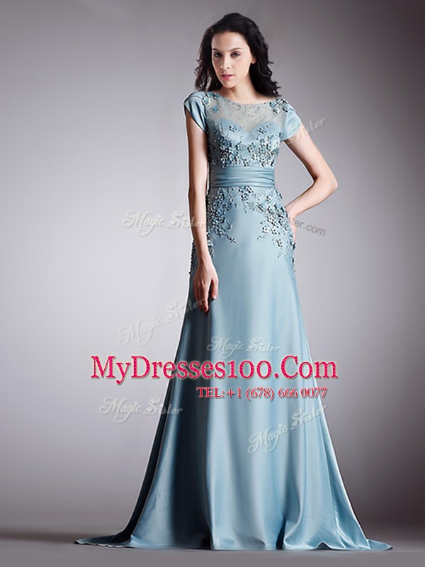 Wonderful Scoop Light Blue Zipper Evening Dress Appliques Cap Sleeves Floor Length