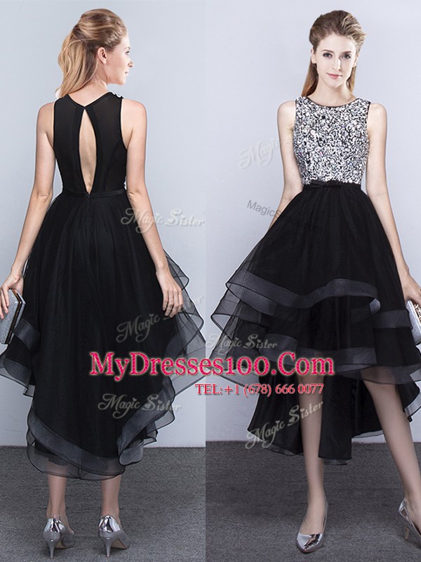Vintage Scoop Backless High Low Black Cocktail Dress Tulle Sleeveless Beading
