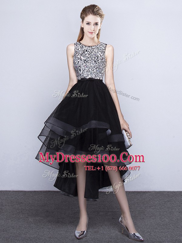 Vintage Scoop Backless High Low Black Cocktail Dress Tulle Sleeveless Beading