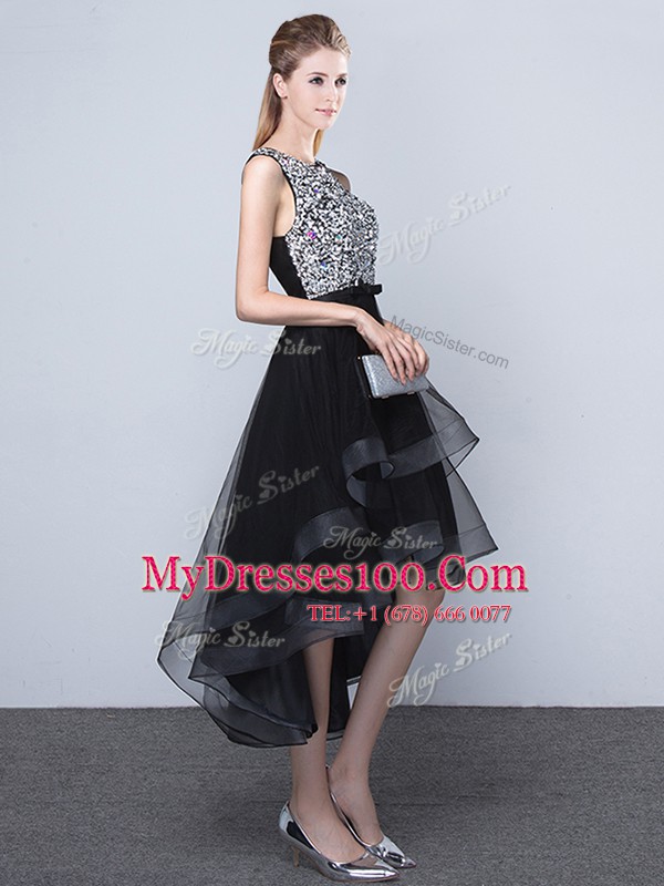 Vintage Scoop Backless High Low Black Cocktail Dress Tulle Sleeveless Beading