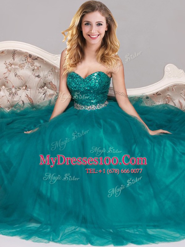 Fabulous Peacock Green Zipper Prom Gown Sequins Sleeveless Floor Length