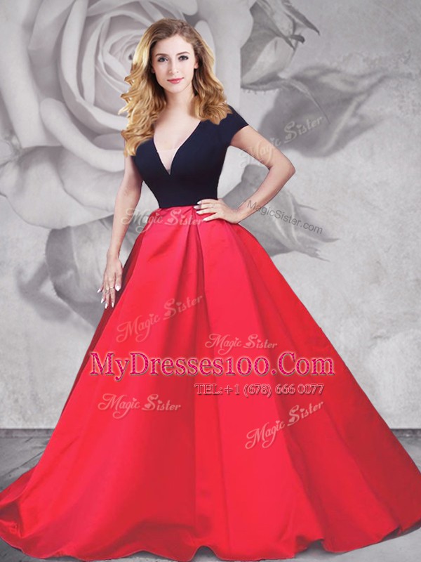 Latest Red And Black Short Sleeves Satin and Tulle Brush Train Zipper Prom Dresses for Prom and Party