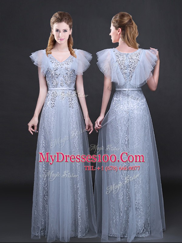 Designer Floor Length Grey Prom Evening Gown Tulle and Lace Short Sleeves Appliques and Belt
