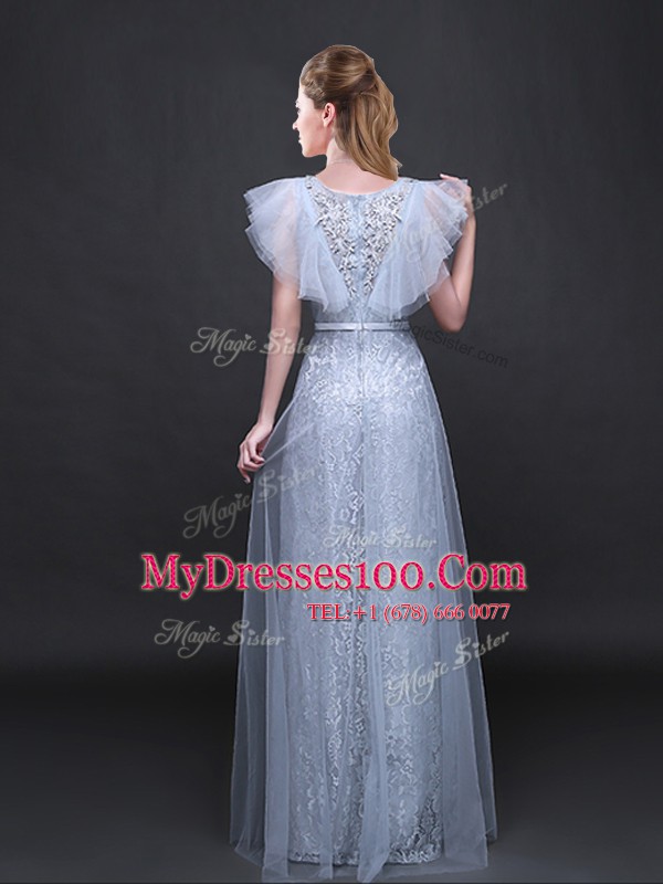 Designer Floor Length Grey Prom Evening Gown Tulle and Lace Short Sleeves Appliques and Belt