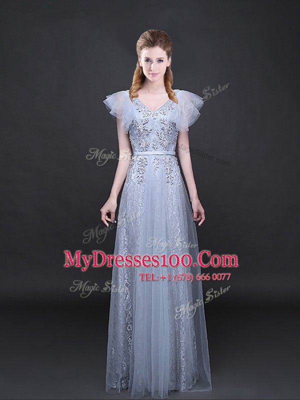 Designer Floor Length Grey Prom Evening Gown Tulle and Lace Short Sleeves Appliques and Belt