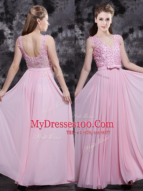 Designer Sleeveless Floor Length Appliques and Bowknot Side Zipper Prom Dress with Baby Pink