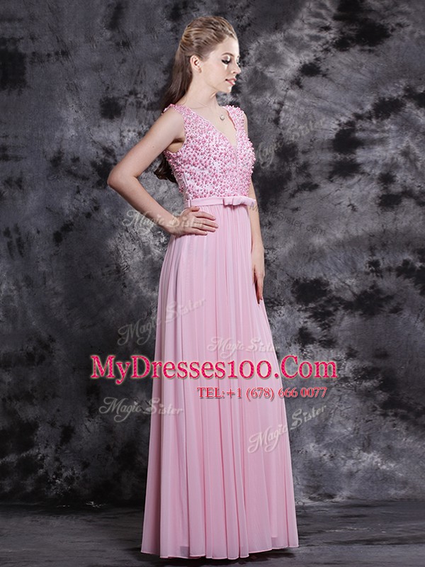 Designer Sleeveless Floor Length Appliques and Bowknot Side Zipper Prom Dress with Baby Pink