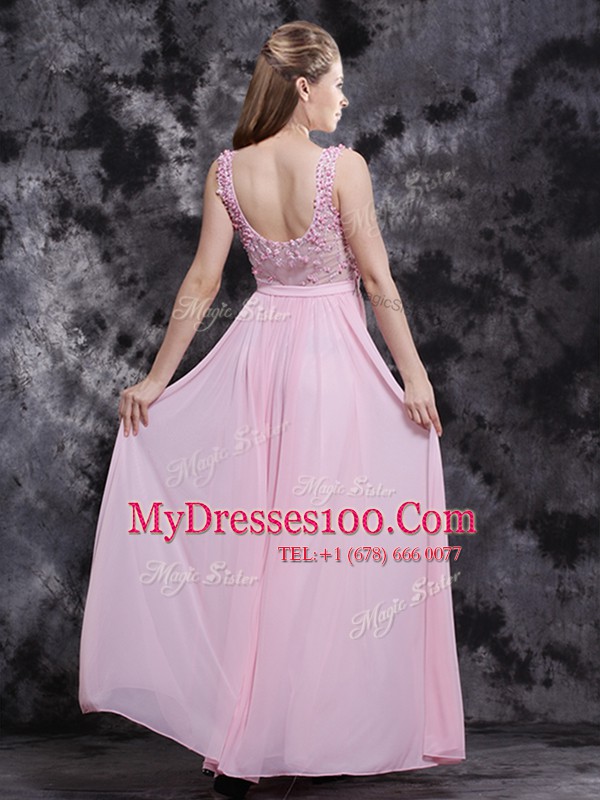 Designer Sleeveless Floor Length Appliques and Bowknot Side Zipper Prom Dress with Baby Pink