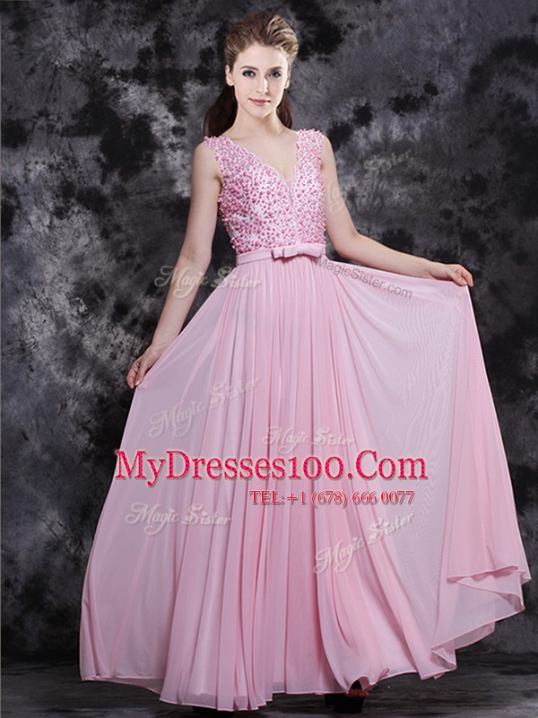 Designer Sleeveless Floor Length Appliques and Bowknot Side Zipper Prom Dress with Baby Pink