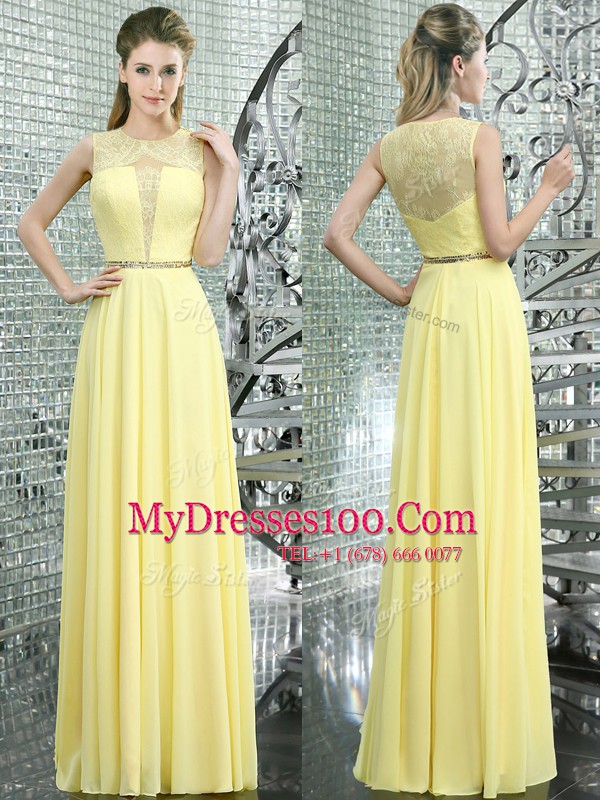 High End Scoop Yellow Side Zipper Juniors Evening Dress Beading and Lace Sleeveless Floor Length