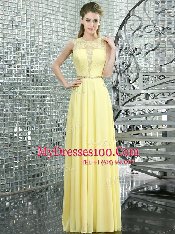 High End Scoop Yellow Side Zipper Juniors Evening Dress Beading and Lace Sleeveless Floor Length