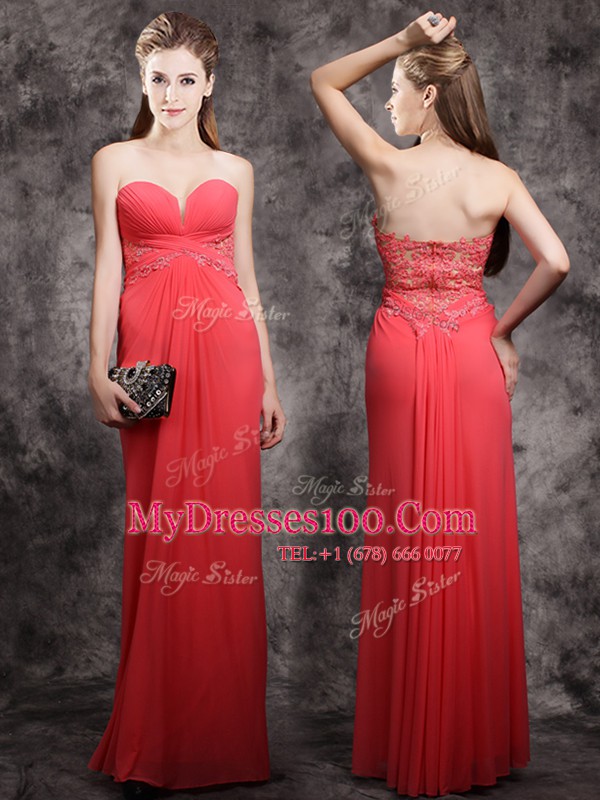 Romantic Floor Length Zipper Prom Party Dress Red for Prom with Appliques